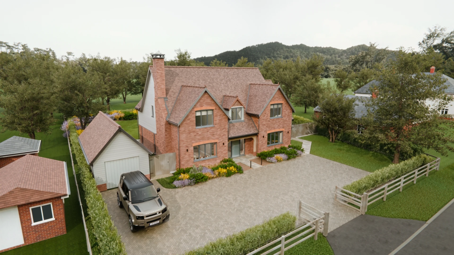 The proposed Red Roofs home, with brick gables and landscaped gardens