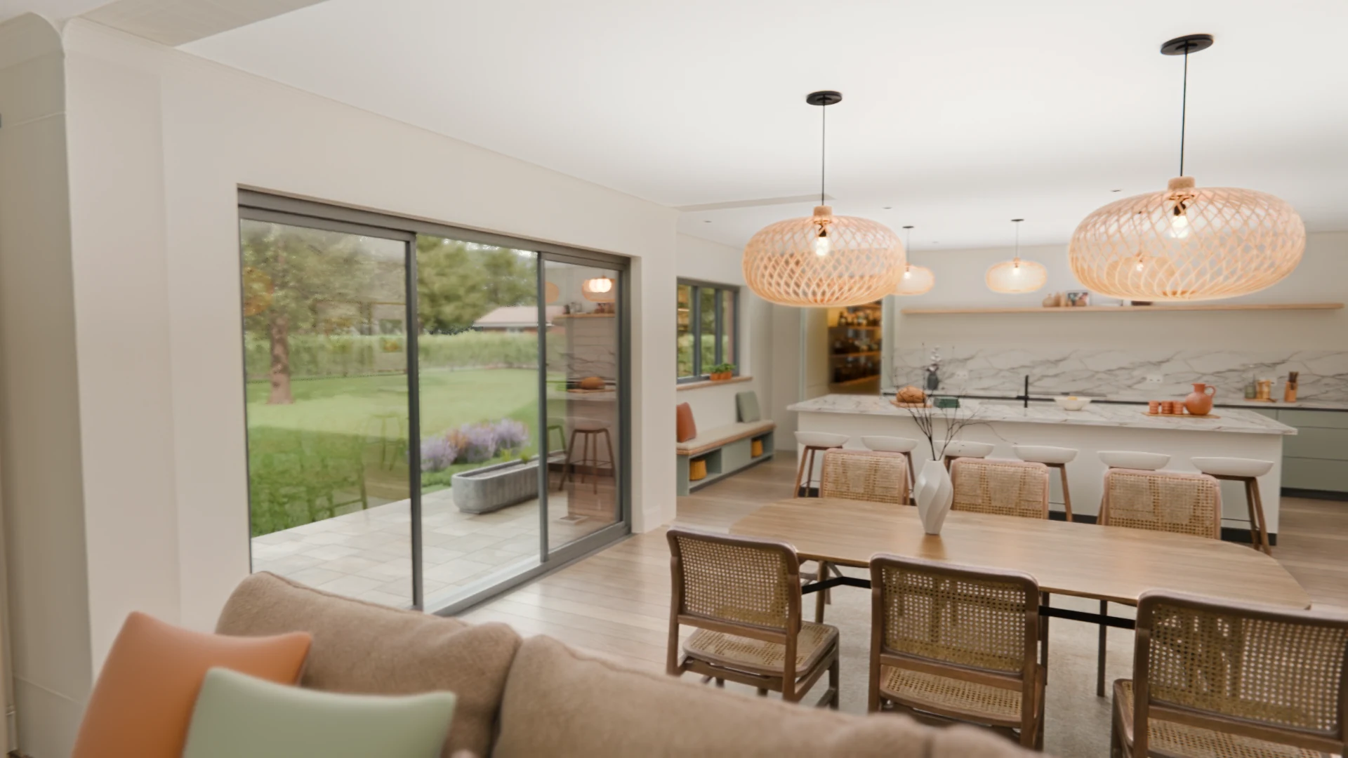A detailed architectural visualisation of the Red Roofs kitchen and dining space